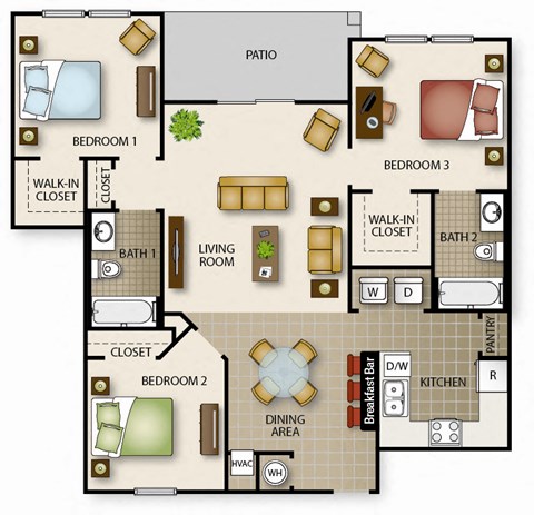 A floor plan of a house with three bedrooms, a living room, a dining area, a kitchen, a pantry, and two bathrooms.